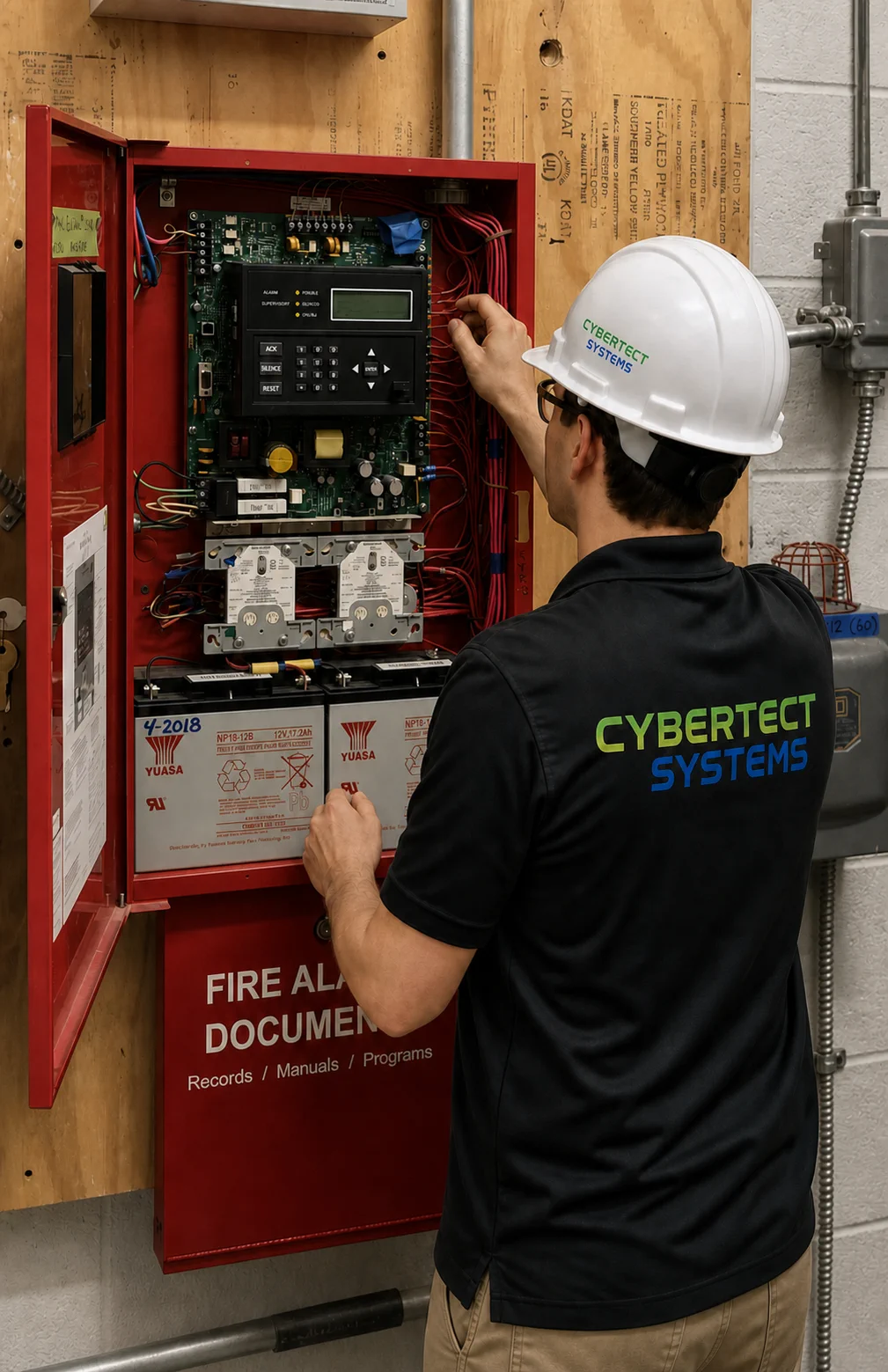 Cybertect technician servicing a commercial fire alarm control panel