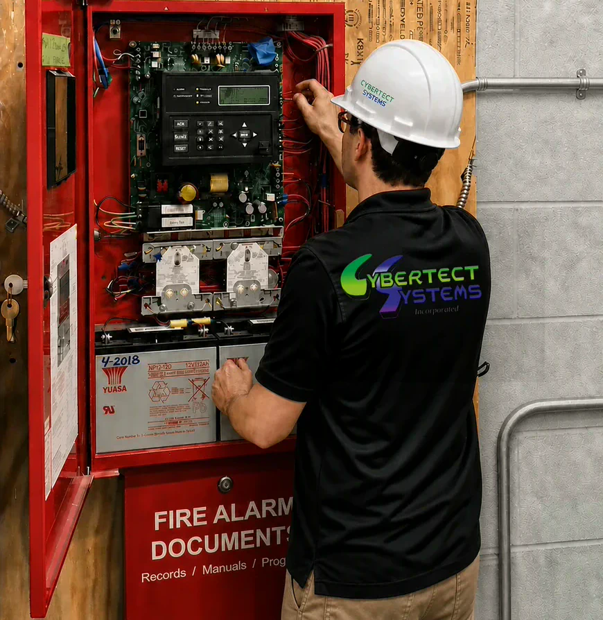 Cybertect technician servicing a commercial fire alarm control panel